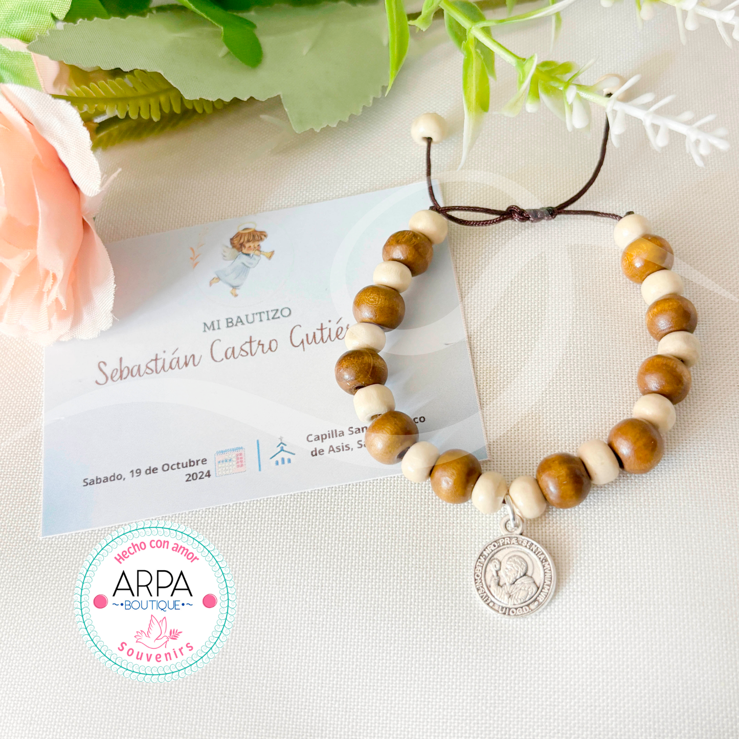 Pulsera ajustable Madera dije San Benito - 12und