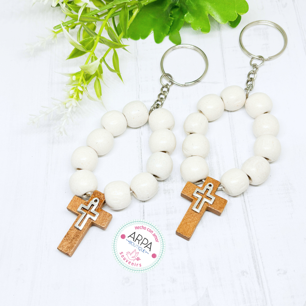 Denario llavero de madera Blanco con cruz - 12u