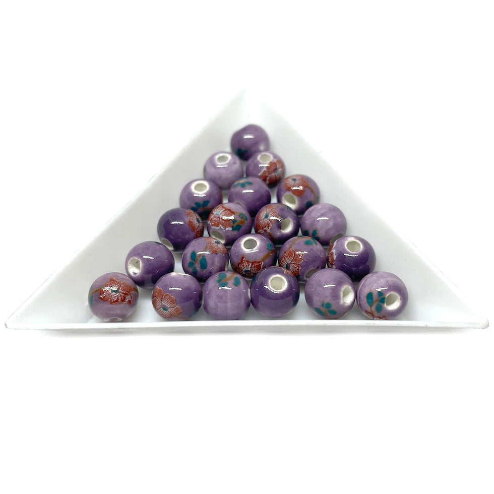 Bola de cerámica 8mm - Morado con flores rojas y verdes - 10und