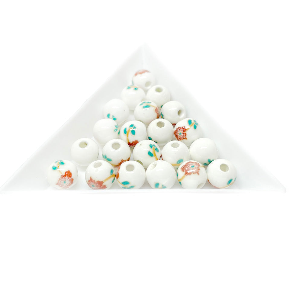 Bola de cerámica 8mm - Blanco con burdeo y verde - 10und