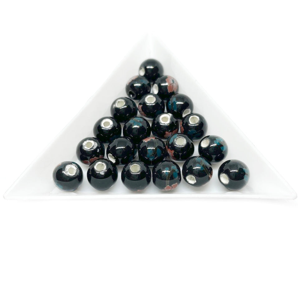 Bola de cerámica 8mm - Negro con flores rojas - 10und