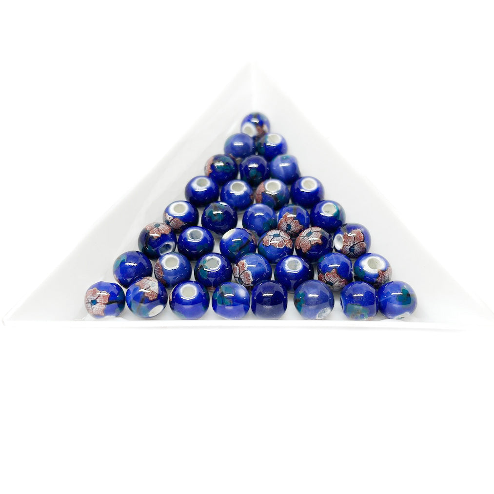 Bola de cerámica 6mm - Azul con flores rojas - 10und