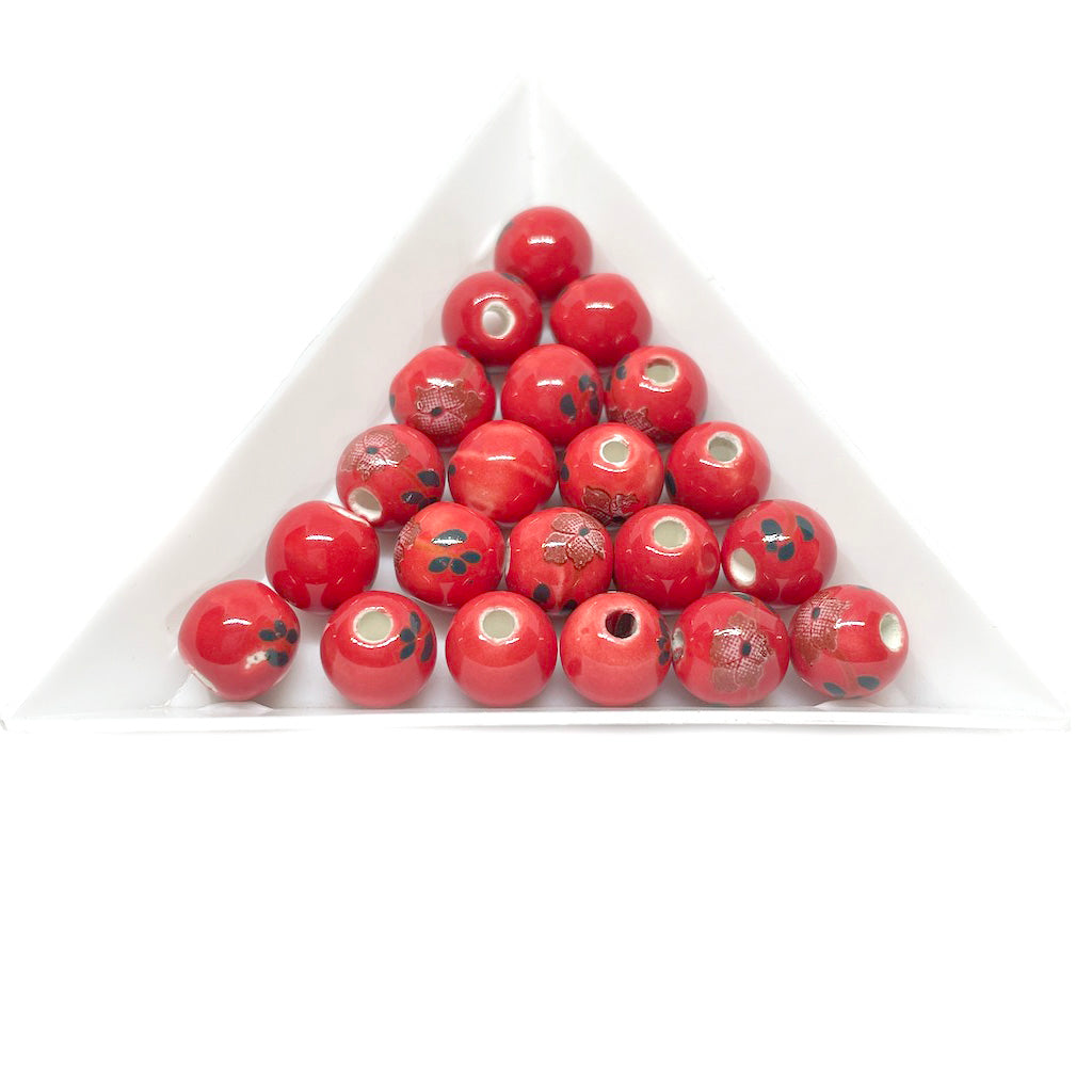 Bola de cerámica 8mm - Roja con flores - 10und