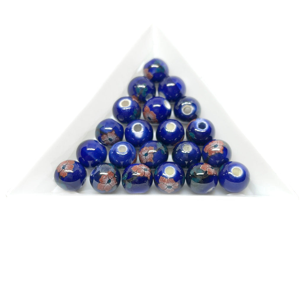 Bola de cerámica 8mm - Azul con flores rojas - 10und