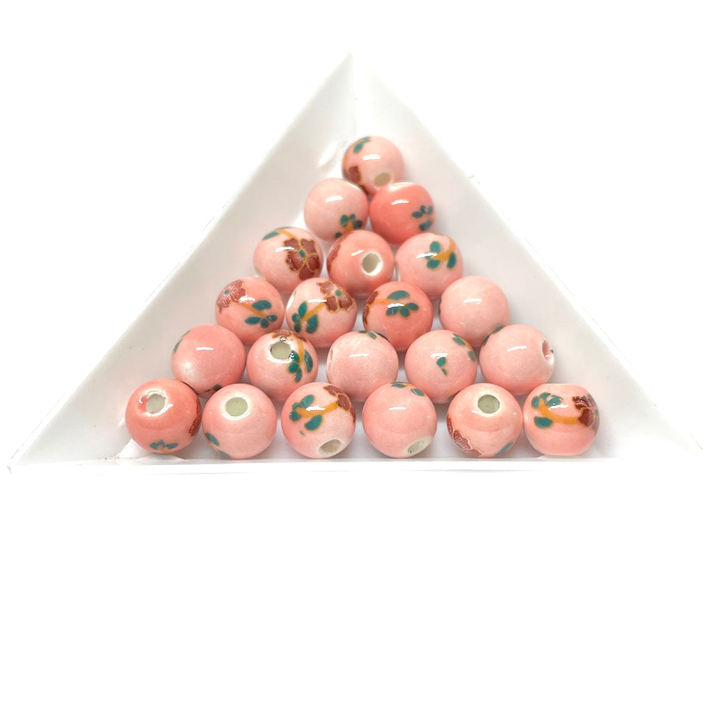 Bola de cerámica 8mm - Rosa con flores rojas y verdes - 10und