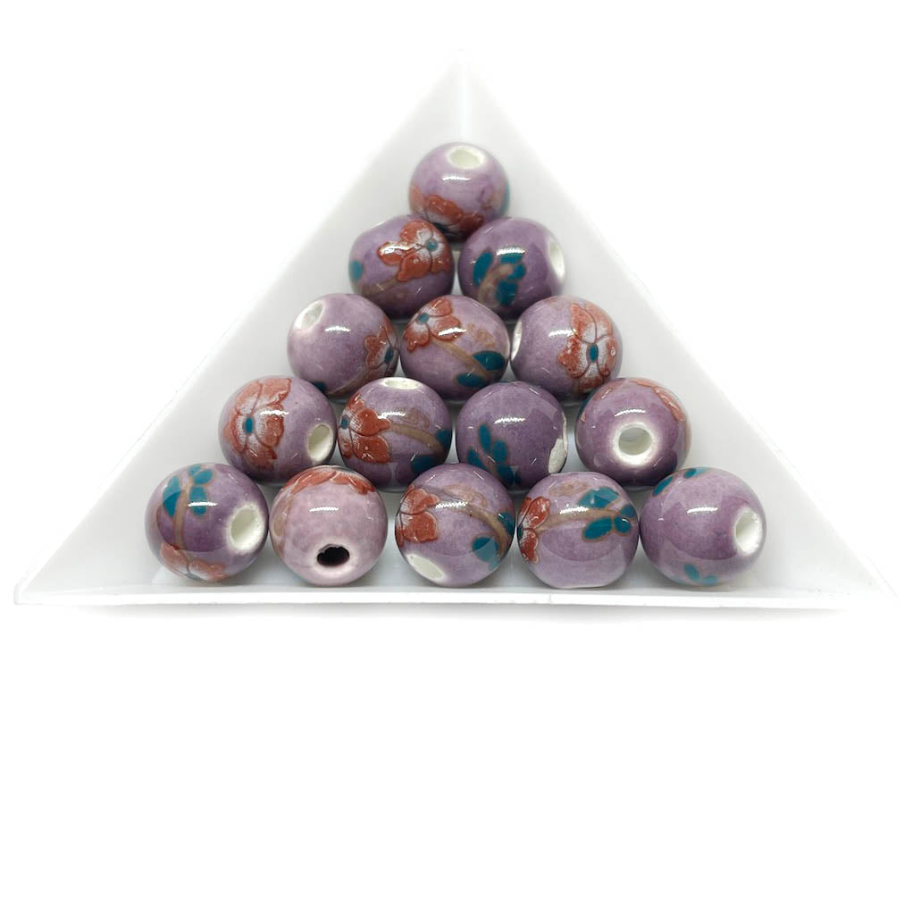 Bola de cerámica 10mm - Morado con flores rojas y verdes- 6und