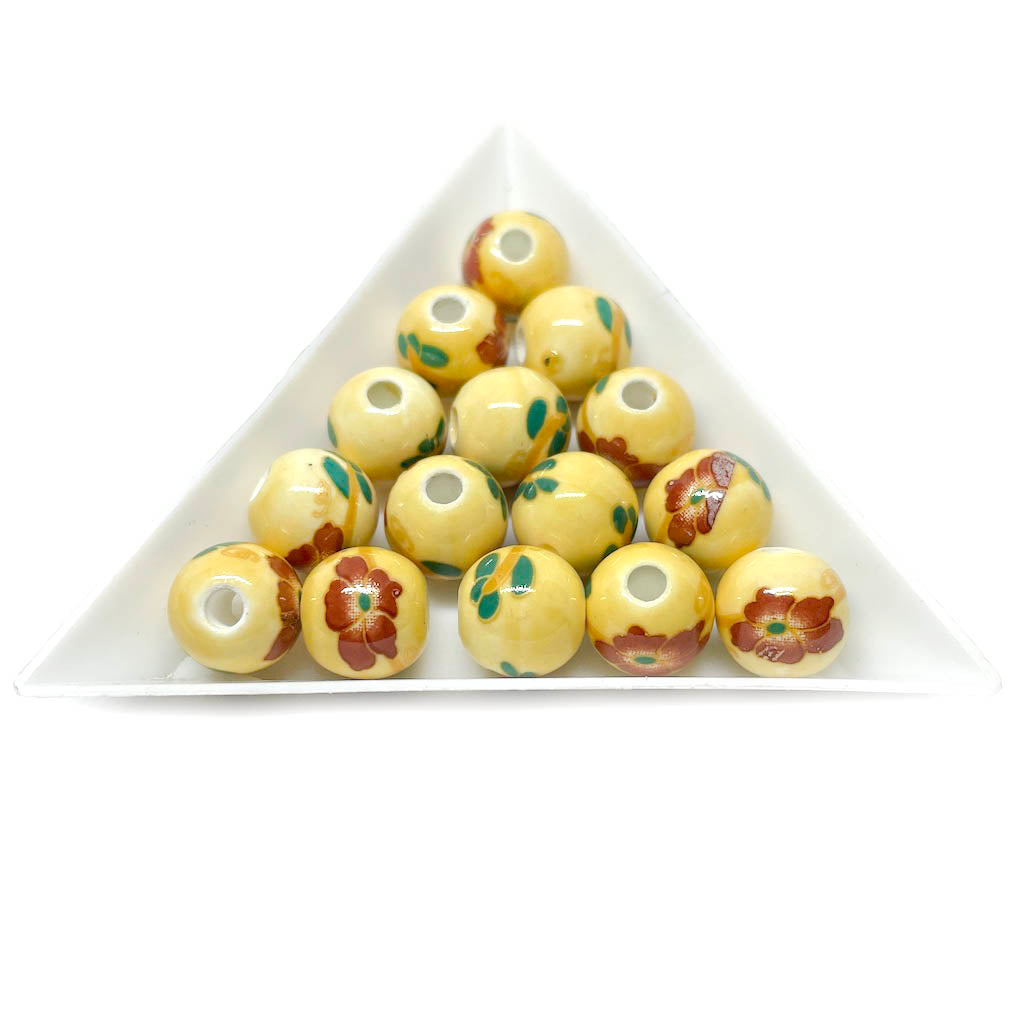 Bola de cerámica 10mm - Amarillo con flores rojas y verdes- 6und