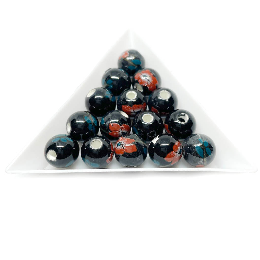 Bola de cerámica 10mm - Negro con flores rojas - 6und