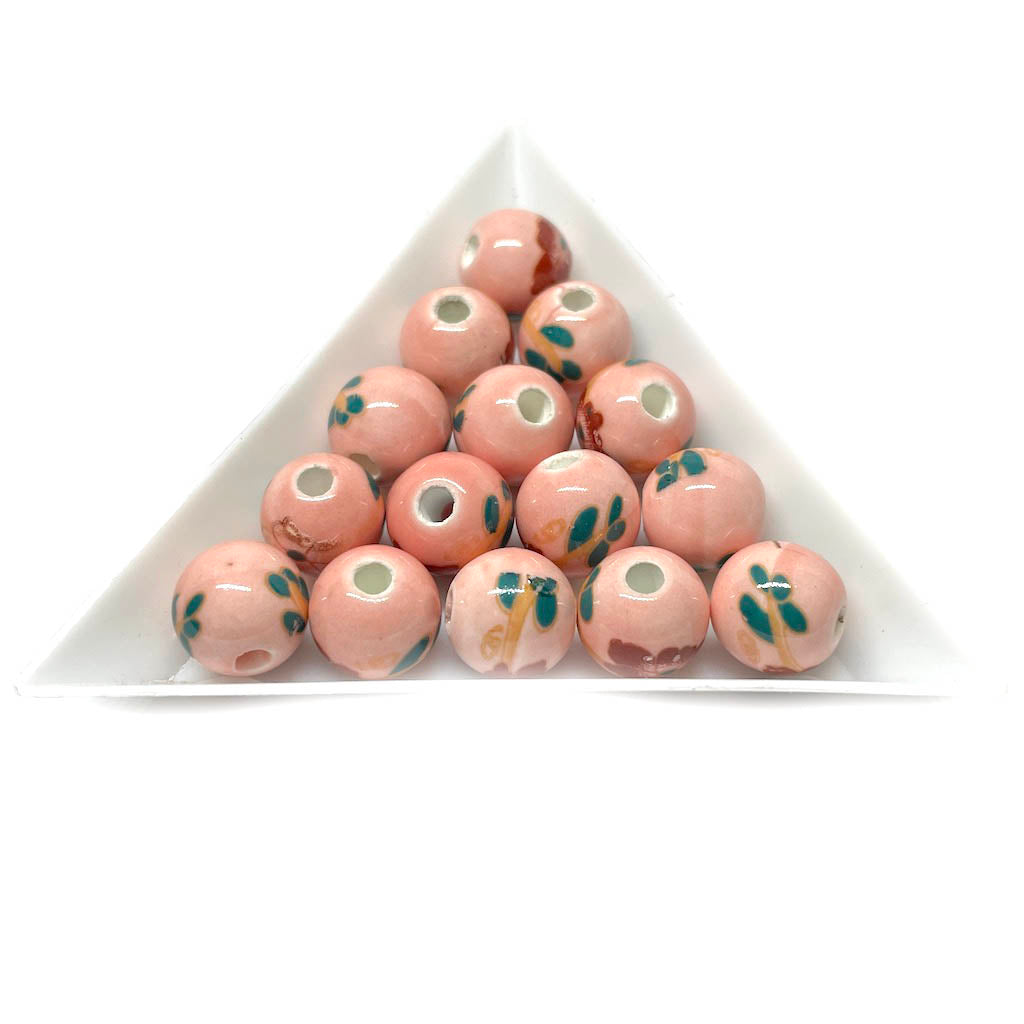 Bola de cerámica 10mm - Rosa con flores rojas y verdes - 6und