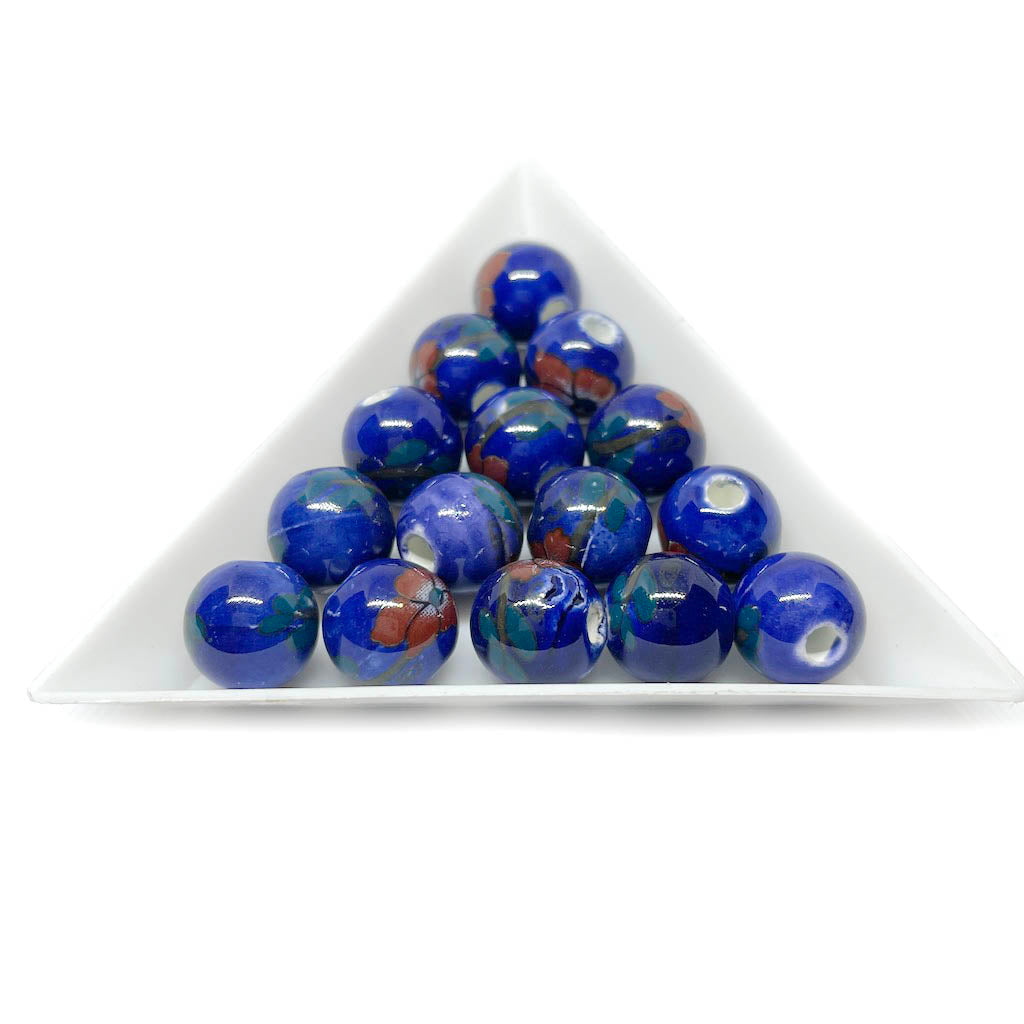 Bola de cerámica 10mm - Azul con flores rojas - 6und
