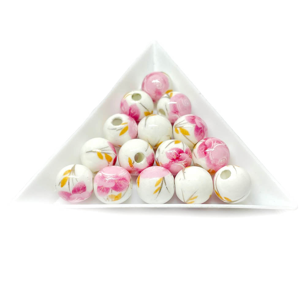 Bola de cerámica 10mm - Blanco con flores rosas - 6und