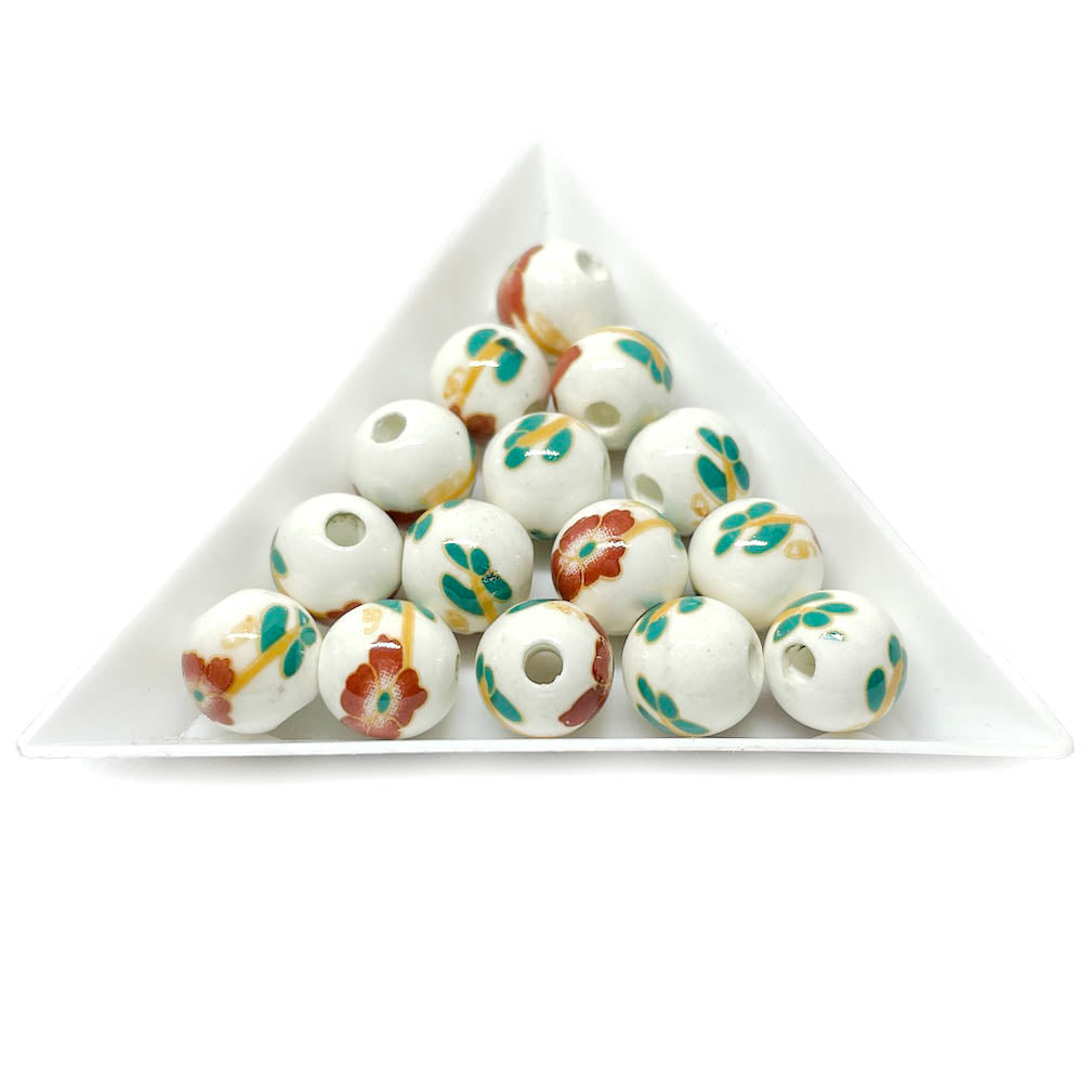 Bola de cerámica 10mm - Blanco con burdeo y verde - 6und