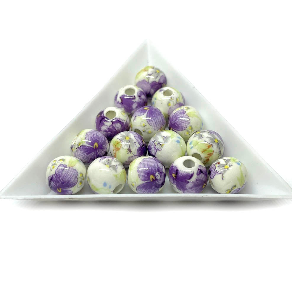 Bola de cerámica 10mm - Blanco con flores lilas - 6und