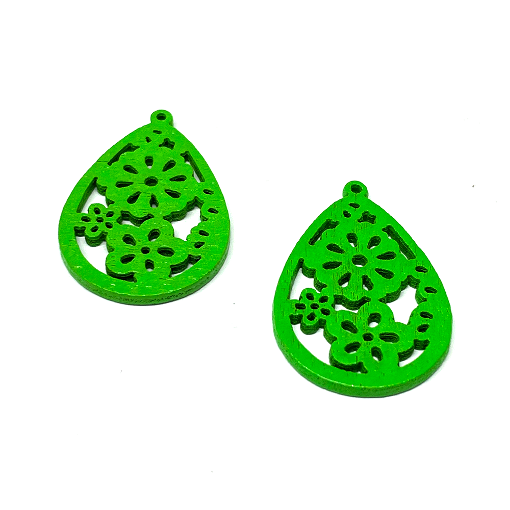 Gota con flores de madera - 28mm - Verde - 2und