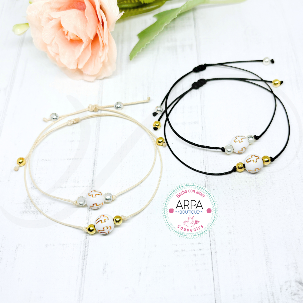 Pulsera ajustable bolita cruz - 10und.